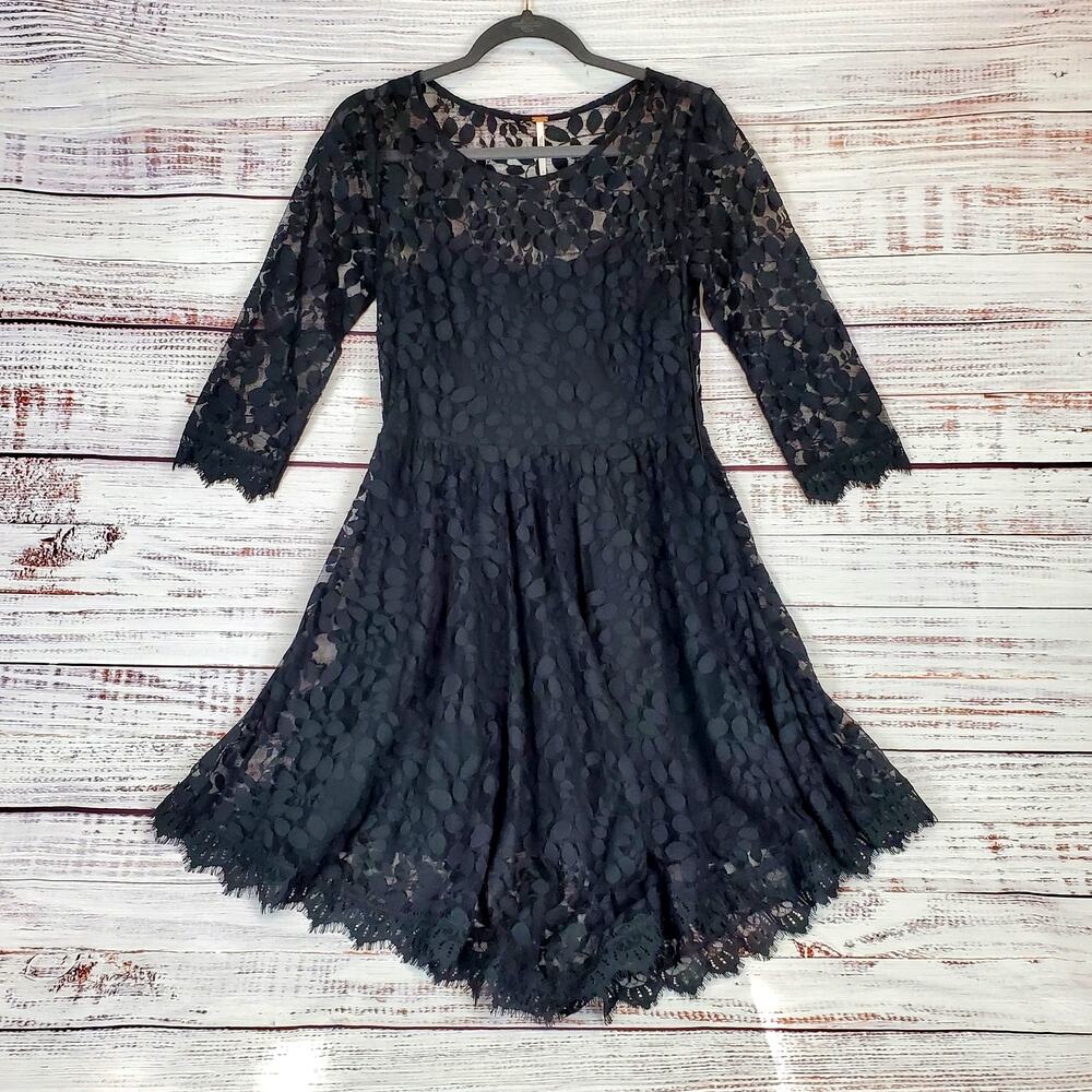Free People Black Dress 4 Floral Lace Mesh Witchy Fairy Ehereal Whimsigoth Flare